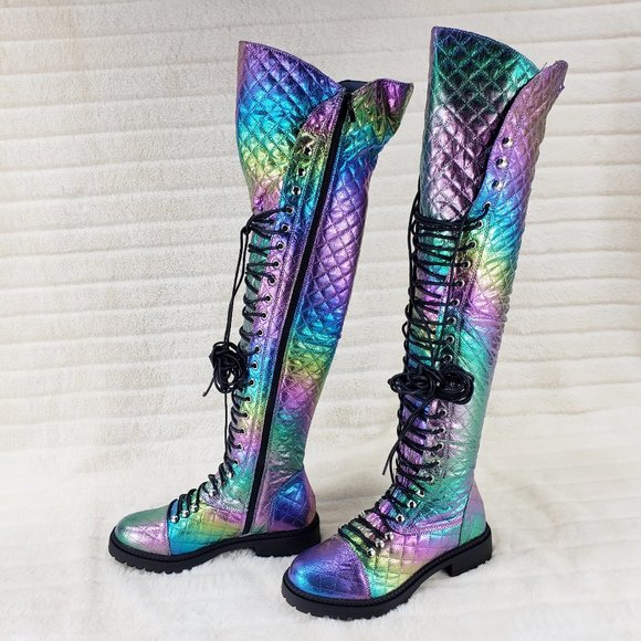 Travis Festive Quilted Metallic Rainbow Corset Lace Over the Knee Boots - Picture 4 of 11
